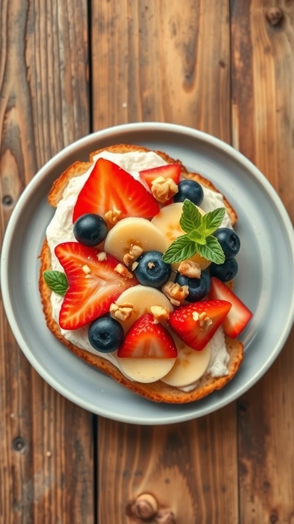 William Afton inspired toast with cream cheese, honey, mixed fruits, and nuts on a rustic table.